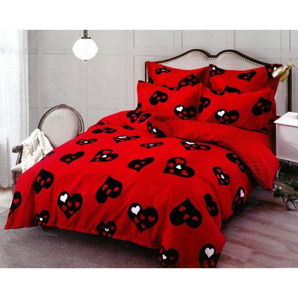 Lenjerie de pat casa new fashion, 2 persoane, 6 piese, finet, roşu, inimi -lnj016