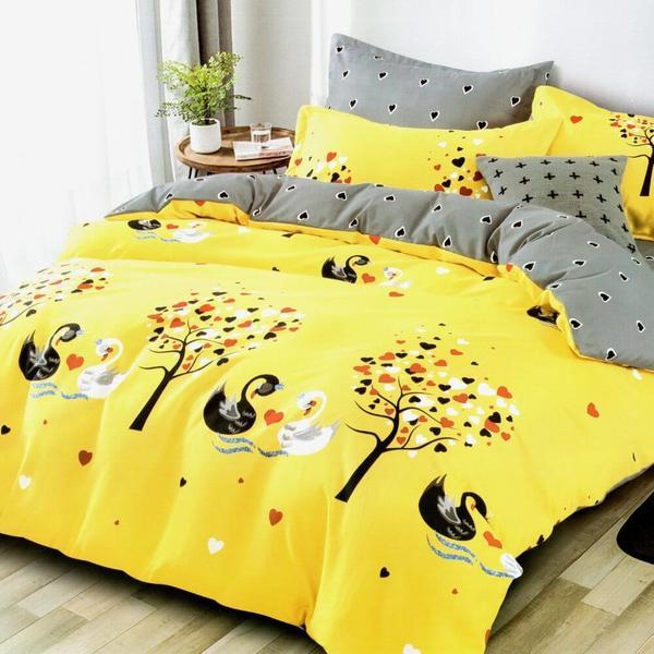 Lenjerie de pat casa new fashion, 2 persoane, 6 piese, finet, galben, lebede - lnj009