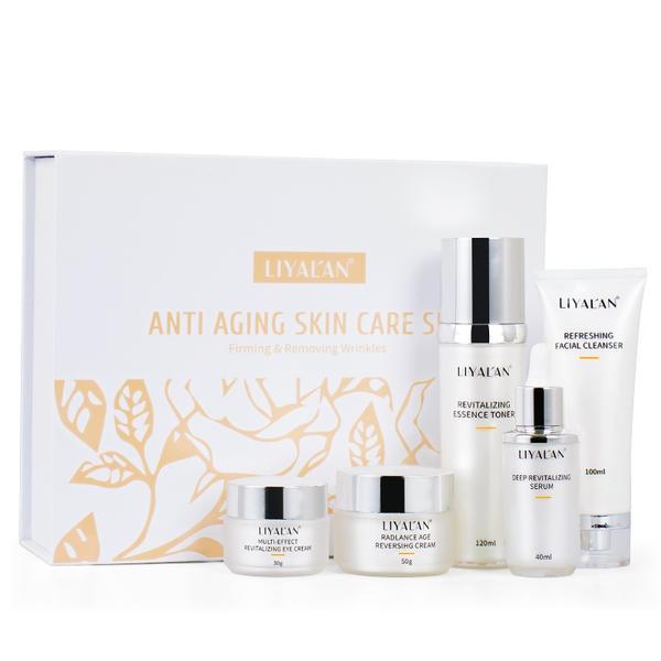 Set cadou - Anti Aging, Liyal'an, 5 produse - Demachiant 100ml + Toner 120ml + Ser 40ml + Crema fata 50g + Crema ochi 30g