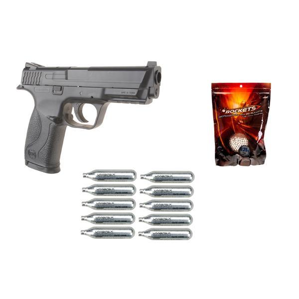 Pistol airsoft co2 replica model smith   wesson mp40, cu 4000 de bile 0.25g incluse si 10 rezervoare co2