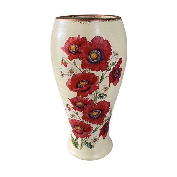 Vaza decorativa ceramica, realizata manual, maci, alb/rosu - Martinescu