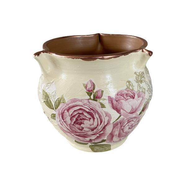 Vaza decorativa,ceramica,realizata manual, alb, trandafiri roz - Ceramica Martinescu