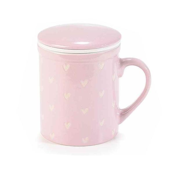 Cana cu capac si infuzor din ceramica roz alb diametru 8 cm x 10,5 h - decorer