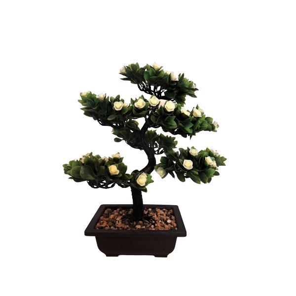 Bonsai decorativ artificial in ghiveci cu flori albe, 40 cm, 6 ramuri