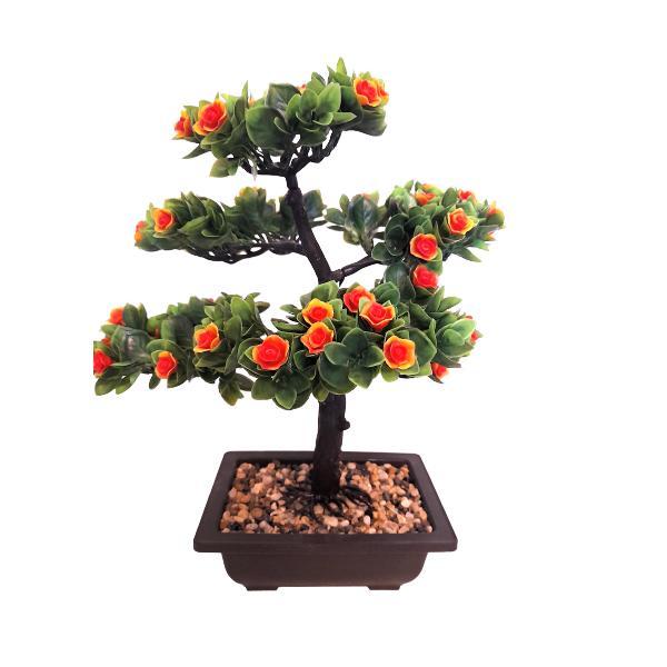 Bonsai decorativ artificial in ghiveci cu flori portocalii, 40 cm, 6 ramuri