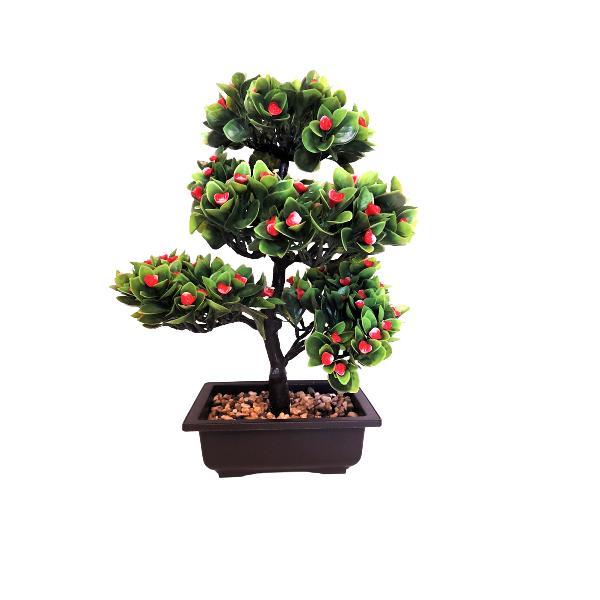 Bonsai decorativ artificial cu flori rosii, 33 cm, 5 ramuri