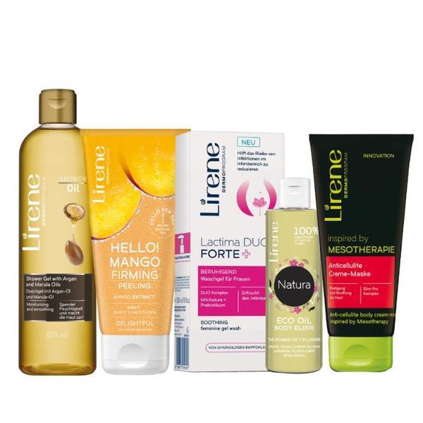 Set Lirene Rutina Zilnica Pentru Ingrijirea Completa a Corpului (Uleiul de dus 400ml, Exfoliantul corporal175g, Gelul intim 300ml, Uleiul elixir 100% natural - 100ml, Remodelator corporal - 200ml)