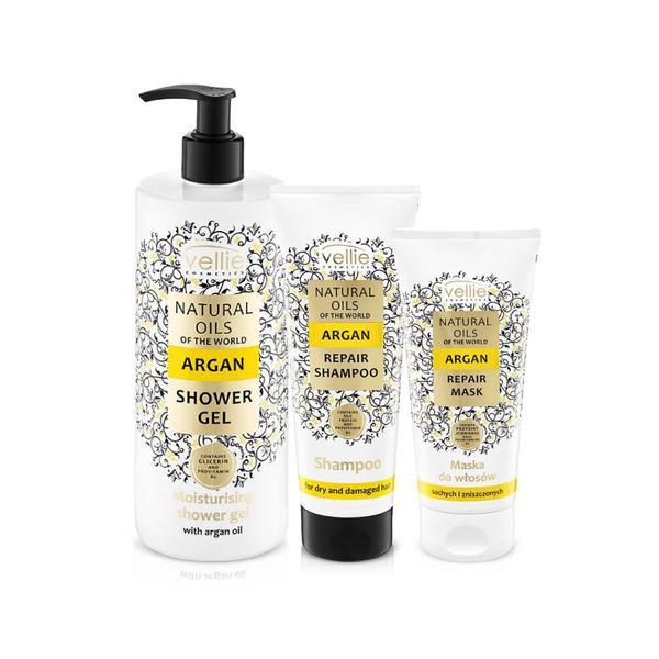 Set vellie natural oils of the world pentru ingrijirea corpului (gel de dus argan - 500ml, sampon argan - 250ml, masca argan - 200ml)