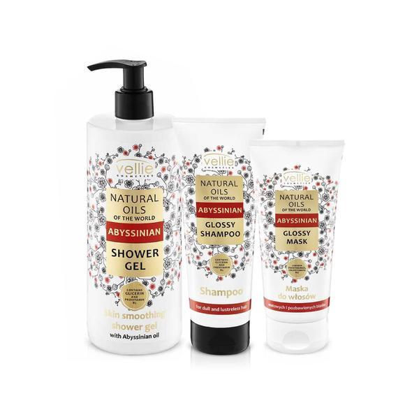 Set vellie natural oils of the world pentru ingrijirea corpului cu ulei de abisinian (gel de dus abisinian - 500ml, sampon abisinian - 250ml, masca abisinian - 200ml)