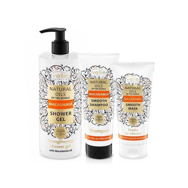 Set vellie natural oils of the world pentru ingrijirea corpului cu ulei de macadamia (gel de dus macadamia - 500ml, sampon macadamia - 250ml, masca macadamia - 200ml) 
