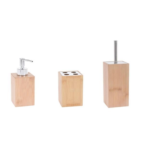Set accesorii din bambus pentru baie format din dozator sapun lichid, pahar pentru periute de dinti si perie toaleta - OEM