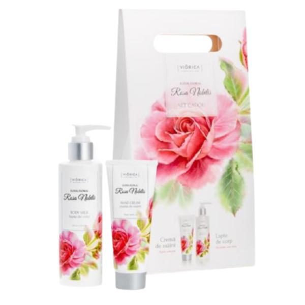 Set pentru corp Elixir Floral Rosa Nobilis, Viorica - Lapte de Corp, 200 ml, Crema de maini, 75 ml