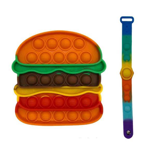 Set jucarie antistres, bratara din silicon, pop it now   flip it, 14x14 cm, hamburger, multicolor