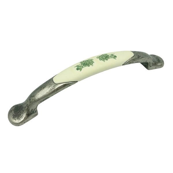 Maner pentru mobila cu insertie rasina floare verde, finisaj argint oxidat, 128 mm - Malle