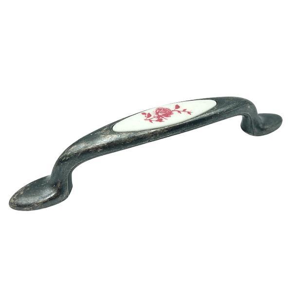 Maner pentru mobila cu insertie rasina floare rosie, finisaj argint oxidat, 96 mm - Malle