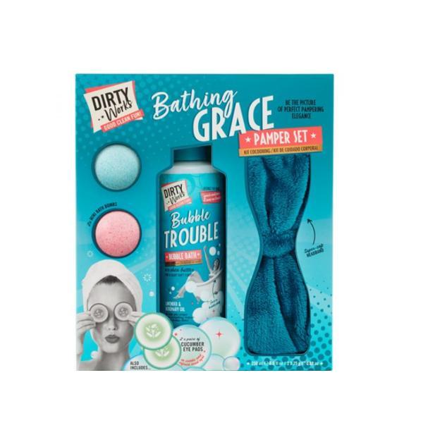 Set cadou Dirty Works, Bathing Grace, Spuma de baie 250 ml, 2 Sfere sare de baie 25g, 2 Seturi de paduri pentru ochi, Bentita