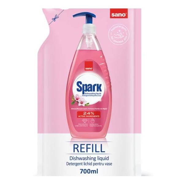 Rezerva Detergent Lichid pentru Vase cu Aroma de Flori de Migdale - Sano Spark Dishwashing Liquid Almond Blossom Refill, 700 ml