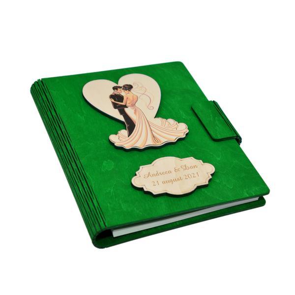 Guestbook din lemn personalizat, caiet de amintiri, verde, a5, pentru nunta, piksel, pix din lemn inclus