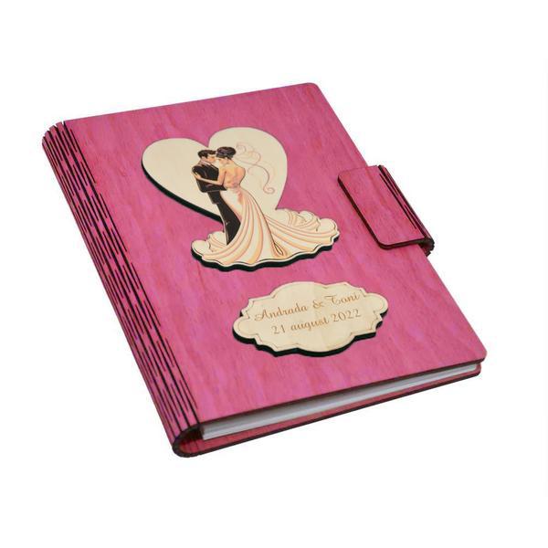 Guestbook din lemn personalizat, caiet de amintiri, roz, a5, pentru nunta, piksel, pix din lemn inclus