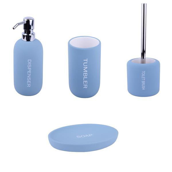 Set 4 accesorii pentru baie format din savoniera, dozator sapun, pahar igiena dentara si perie wc, ceramica cauciucata, albastru