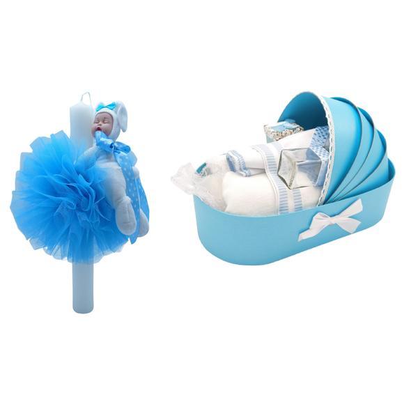 Set trusou si lumanare botez Dany Kids, bleu, in landou