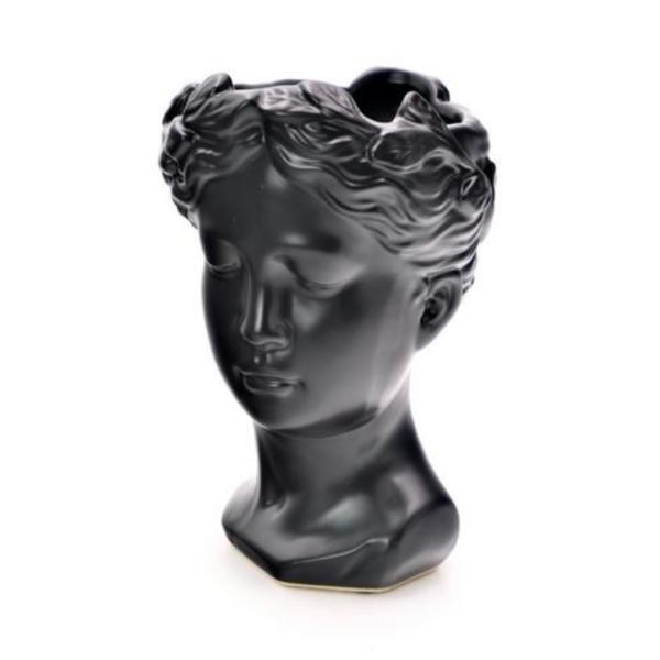 Vaza decorativa, design cap de femeie, ceramica, negru mat, 20 cm