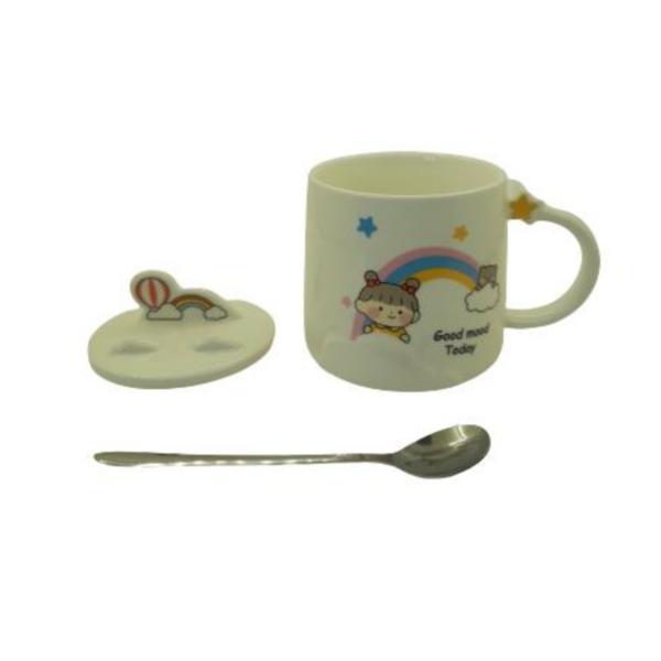 Set cana cu capac si lingurita, design curcubeu, ceramica, 350 ml
