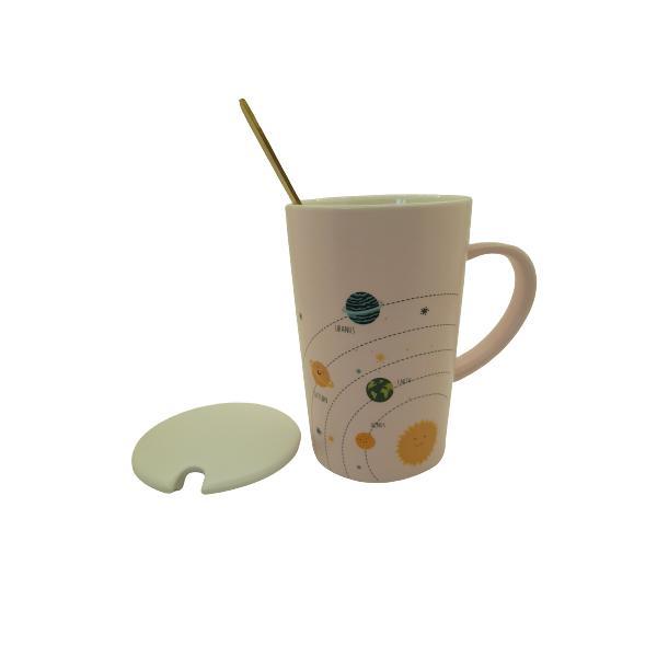 Set cana cu capac si lingurita, design planete, multicolor, 300 ml, ceramica 