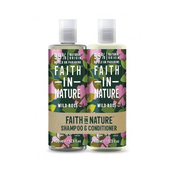 Set cadou sampon   balsam cu trandafir salbatic, pt toate tipurile de par faith in nature 2x400 ml