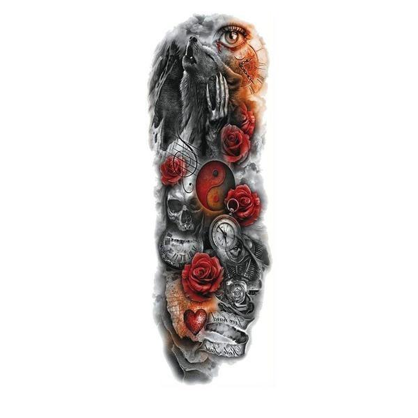 Tatuaj temporar pentru brat sau picior, Wolf Roses, 17 x 48 cm