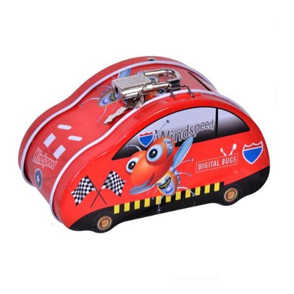 Pusculita din metal cu lacat si cheita, design masinuta, 10x6 cm, multicolor