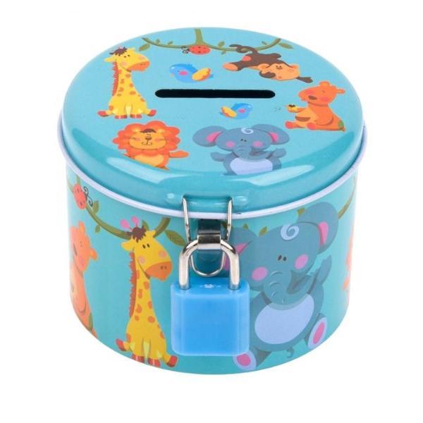 Pusculita din metal cu lacat si cheita, design animale, 8x6 cm, multicolor