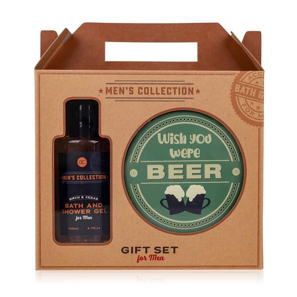 Set cadou barbati Men's Collection in cutie hartie kraft, Gel de dus 180ml, Suport bere 2 bucati 