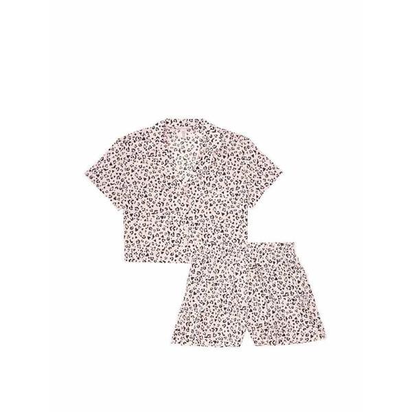 Pijama, Victoria's Secret, Cotton Cropped Short PJ Set, Pink Black mini Leopard Hearts, Marime M