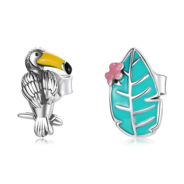 Cercei din argint 925 enamel bird and leaf plant