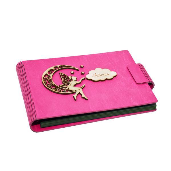 Album foto a5 personalizat, coperti din lemn, roz, piksel, guestbook, caiet amintiri pentru copii, zana pe luna