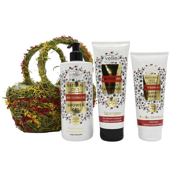 Cos cadou floral cu gel de dus cu ulei de abisinian, 500ml + sampon cu ulei de abisinian, 250ml + masca de par cu ulei de abisinian, 200ml