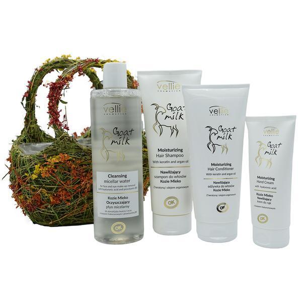 Cos Cadou floral cu apa micelara si acid hialuronic, 400ml + Sampon hidratant cu extract din lapte de capra, 250ml +Crema de maini hidratanta cu extract din lapte de capra, 100ml+ Balsam de par hidratant cu extract din lapte de capra, 200ml 100ml imagine 2022