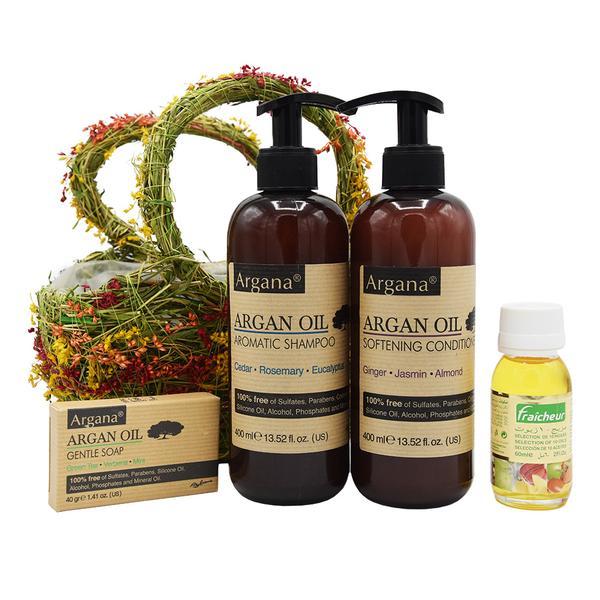 Cos Cadou Floral cu Sampon pentru Par cu Ulei De Argan 400 Ml + Balsam pentru par cu Ulei de Argan, Argana /400 Ml + Sapun cu Ulei De Argan, Argana /40gr + Selectie 10 Uleiuri Fraicheur 60 Ml 400 imagine 2022