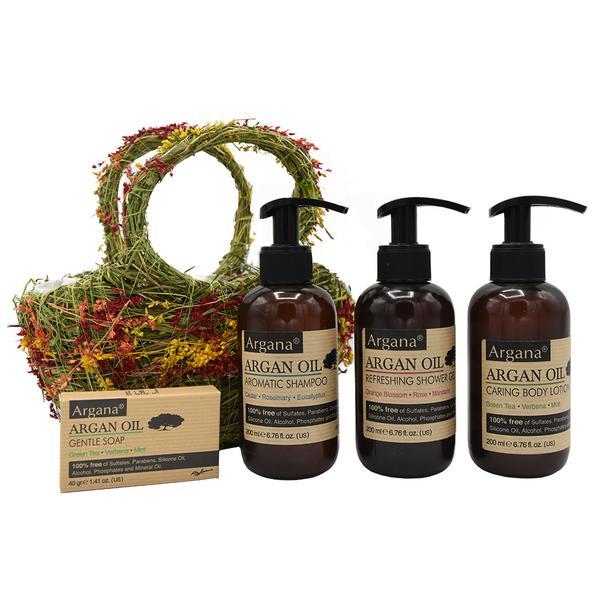 Cos Cadou Floral cu Sampon pentru Par cu Ulei de Argan, Argana /200 ml + Gel de Dus cu Argan,200 ml + Lotiune de Corp Cu Ulei de Argan, 200 Ml + Sapun cu Ulei de Argan, 40g 200 imagine 2022