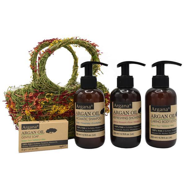 Cos Cadou Floral cu Sampon pentru Par cu Ulei de Argan, Argana /200 ml + Gel de Dus cu Argan,200 ml + Lotiune de Corp Cu Ulei de Argan, 200 Ml + Sapun cu Ulei de Argan, 40g