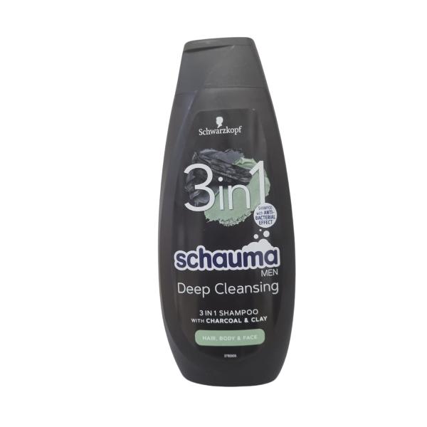 Sampon 3 in 1 Par-Corp-Fata pentru Barbati cu Carbune si Argila – Schwarzkopf Schauma Men 3 in 1 Hair-Body-Face Shampoo with Charcoal + Clay, 400 ml