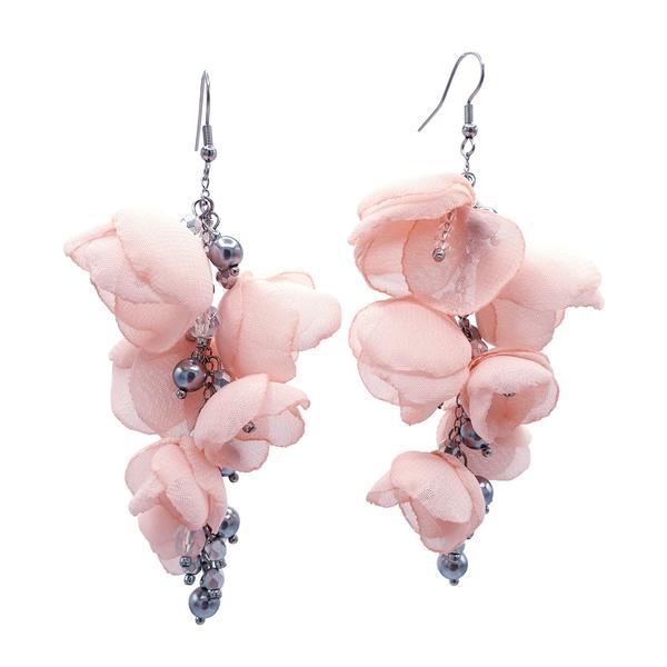 Cercei lungi statement cu flori roz deschis, handmade, Rose