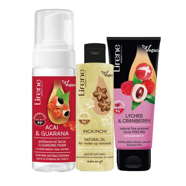 Set cadou Exfoliere Naturala a Tenului Lirene Superfood ( Spuma antibacteriana 150ml + Ulei natural INCA-INCHI 100ml, + Peeling facial natural litch+merisoare 75ml ) 100ML