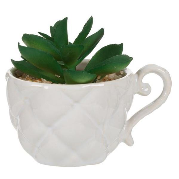 Planta decorativa artificiala in ghiveci ceramic tip cana, alb-verde