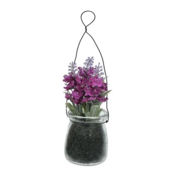 Flori de lavanda artificiale in ghiveci tip borcan cu agatatoare
