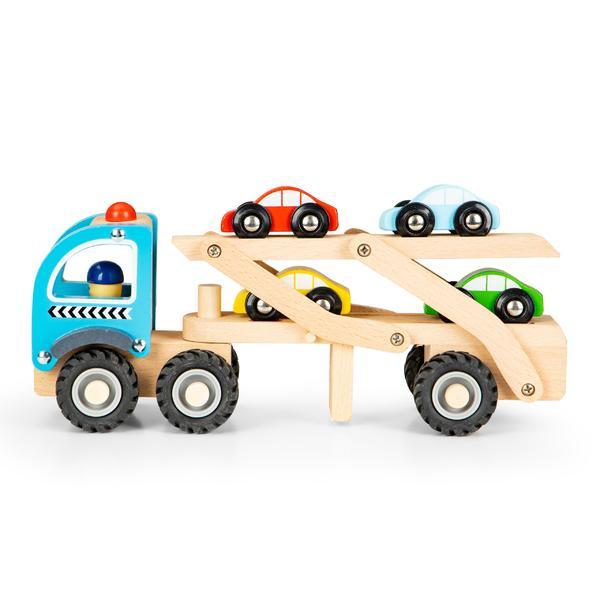 Camion de transport cu 4 masinute din lemn, ecotoys