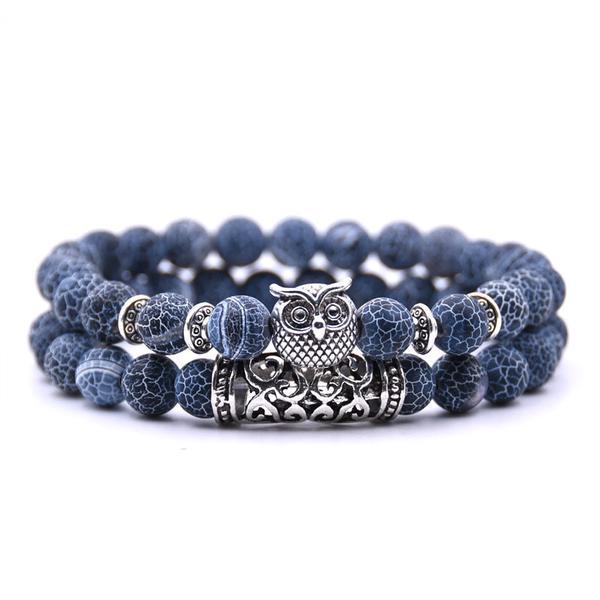 Set 2 bratari unisex, din pietre naturale albastre, pandantiv bufnita