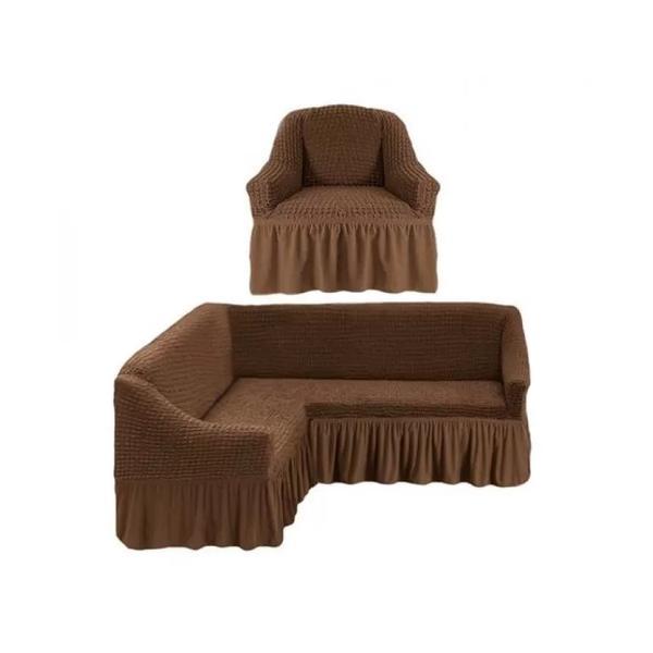 Set husa elastica si creponata cu volan pentru coltar + fotoliu, maro