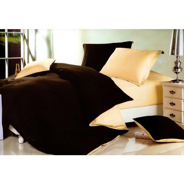 Lenjerie de pat bumbac satinat superior, 4 piese, 2 fete, galben/maro inchis
